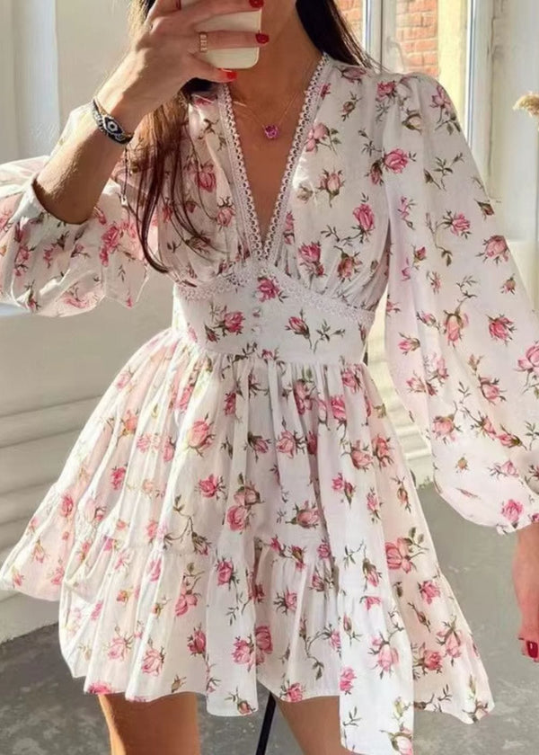 Robe Champêtre à Fleurs Blanc / S