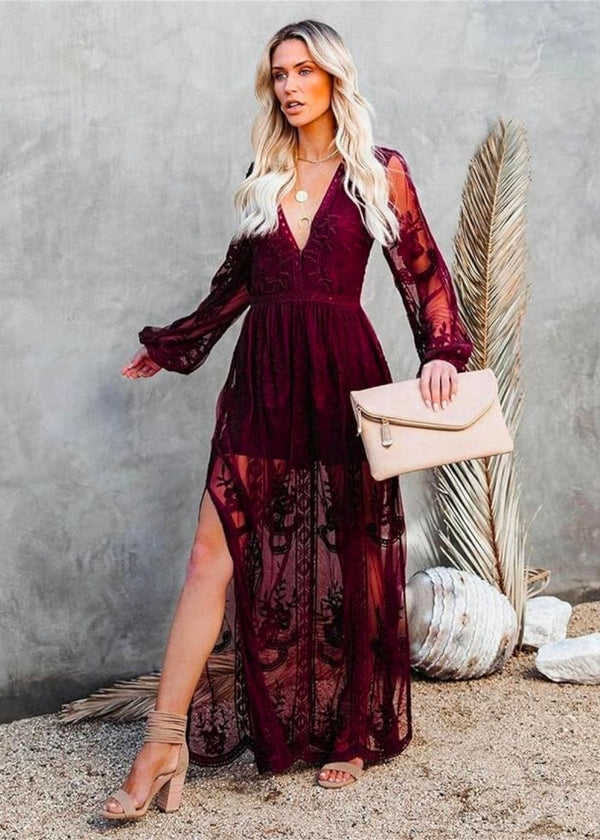 Robe Champêtre Blanche en Dentelle Bordeaux / S