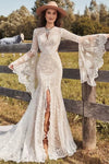 Robe de mariée bohème dentelle manches longues Ivoire / Sur mesure