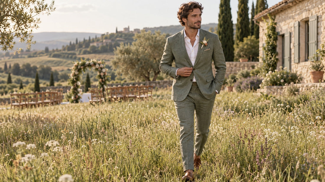 Costume du marié vert sauge pour un mariage champêtre