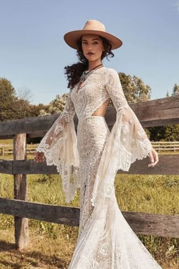 Robe de mariée bohème dentelle manches longues Ivoire / Sur mesure