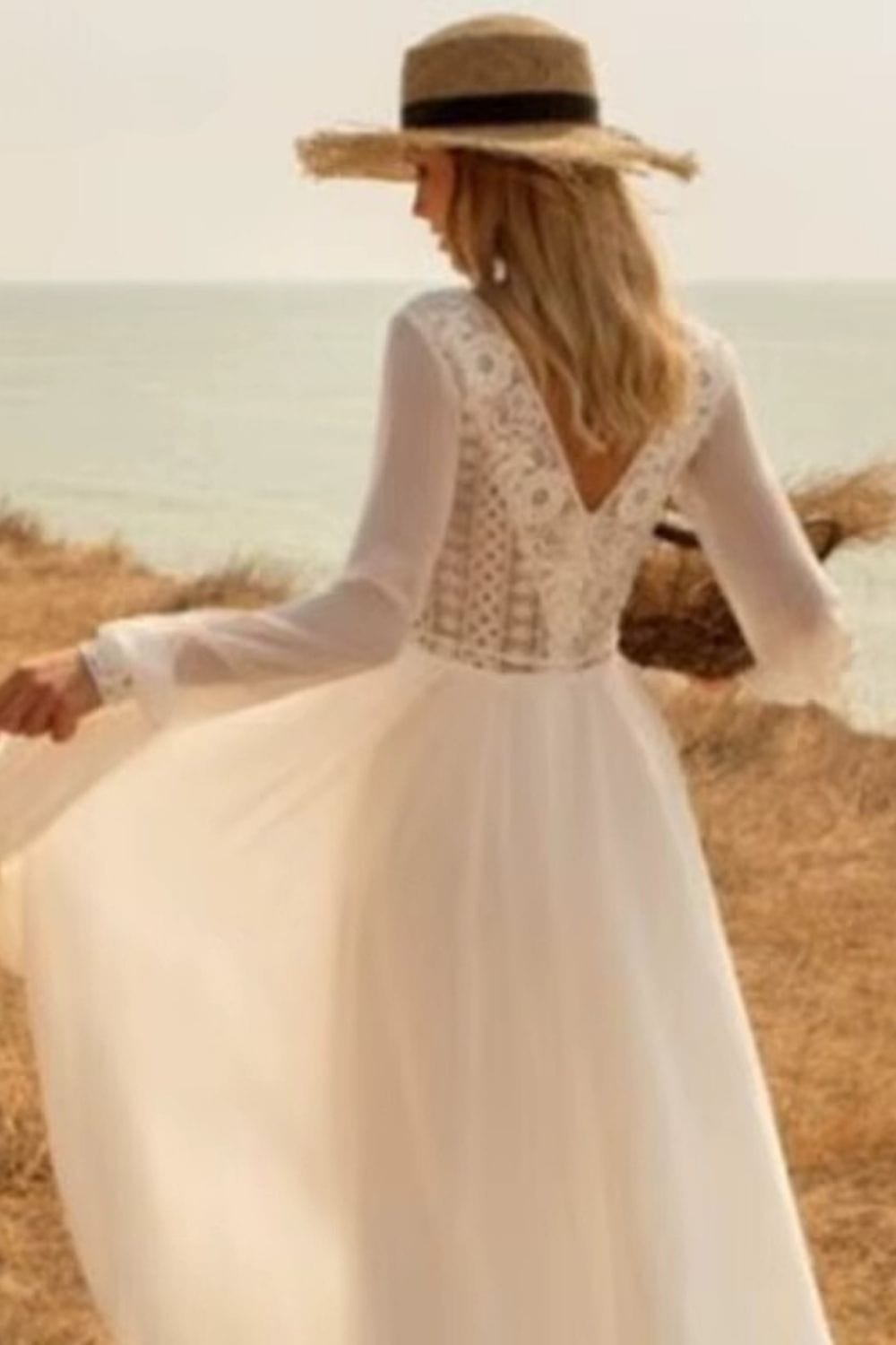Robe de Mariée Bohème col V Blanc / Sur mesure