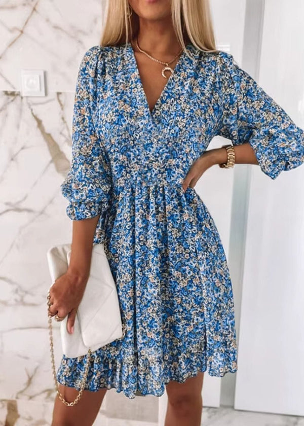 Robe Fleurie Champêtre Chic Bleu / S