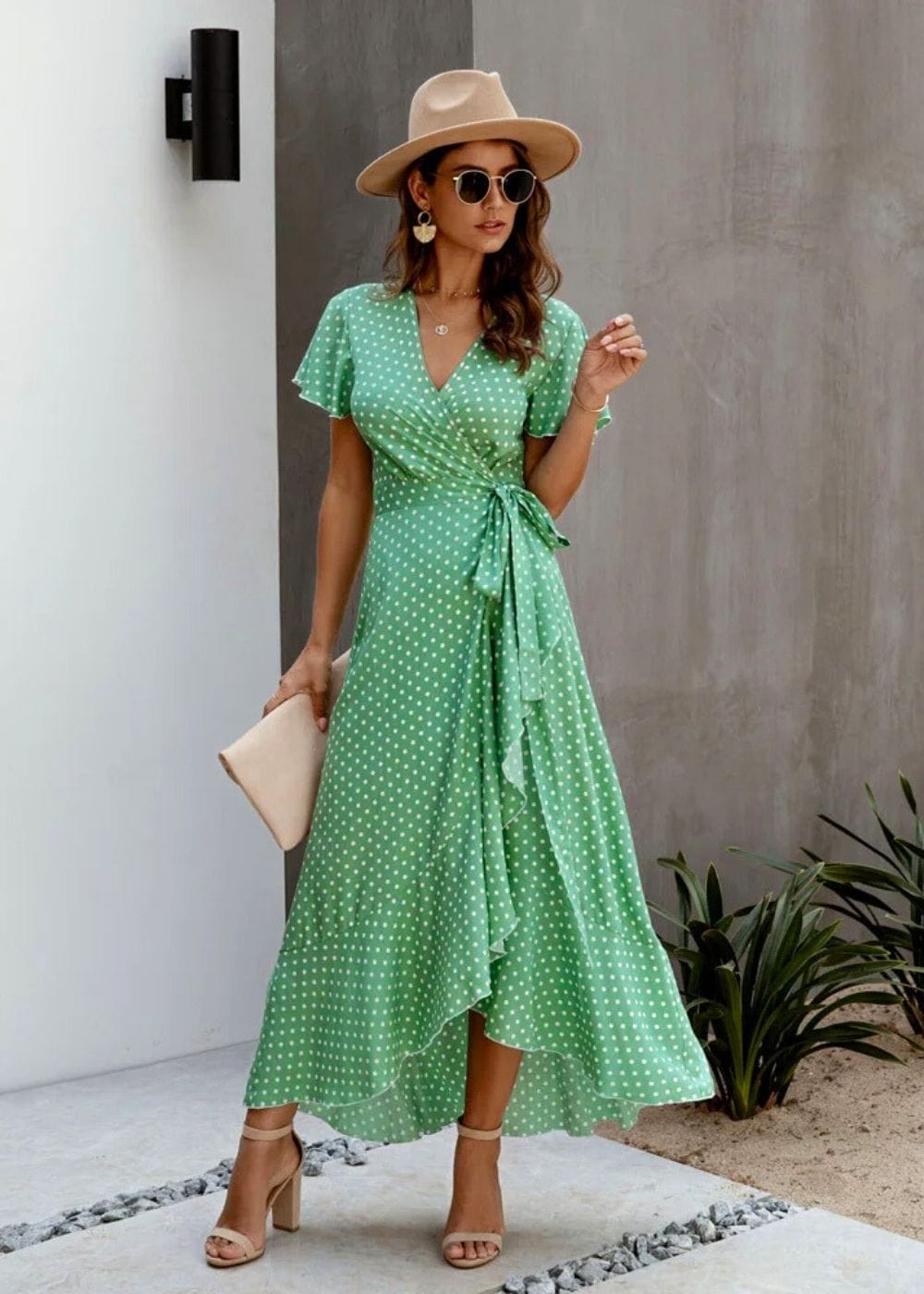 Robe Invitée Mariage Thème Champêtre Vert Pois / S