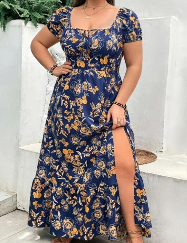 Robe longue bohème chic grande taille Bleu Marine / XL