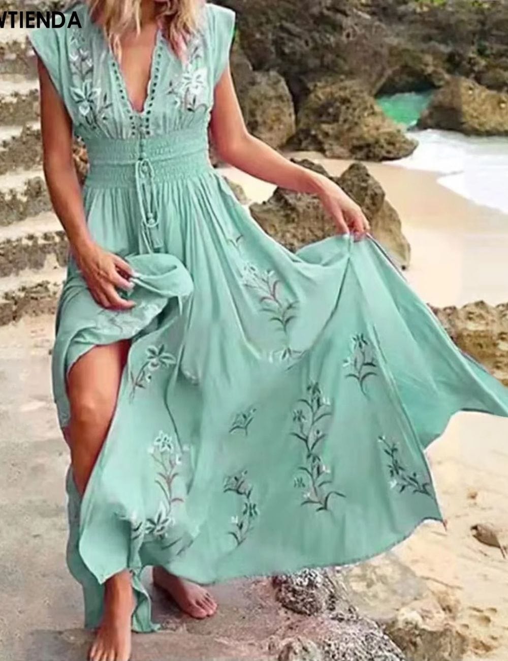 Robe longue fluide bohème chic Bleu Clair / S